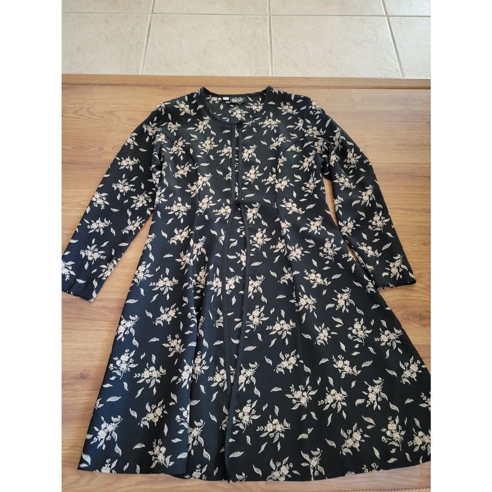 Wild Rose Black Floral Long Sleeve Duster Cardigan Dress Round Neck M/L VTG